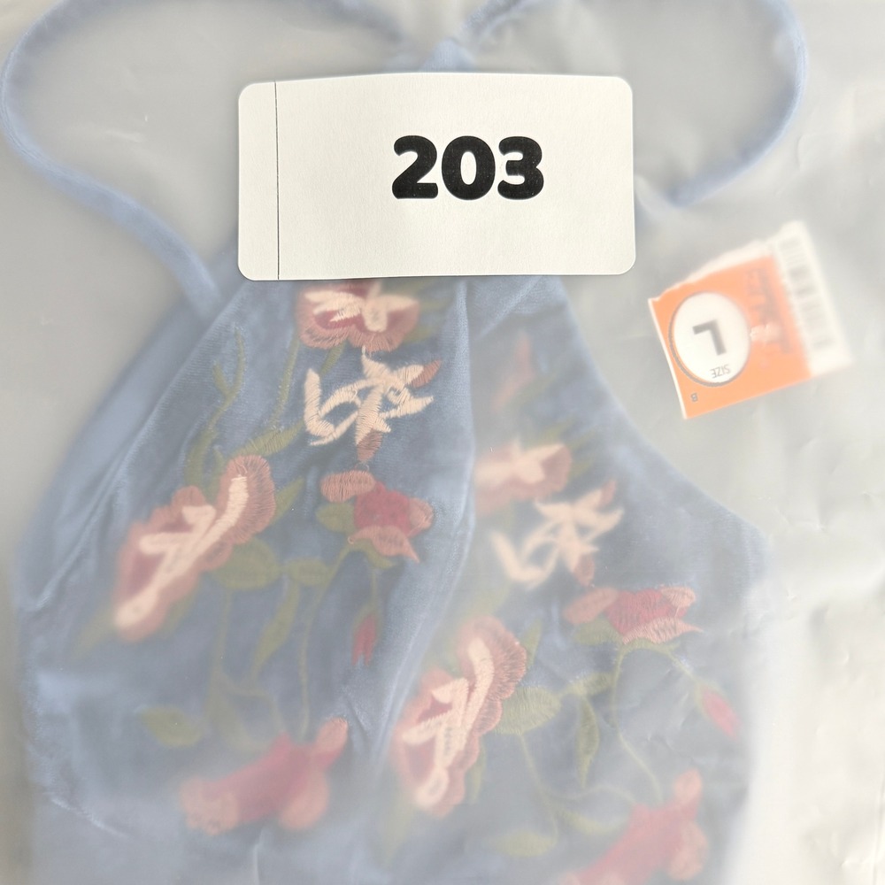New Fairy Floral Embroidered Blue Crop Top Spaghetti Strap Womens Jr L Festival - Picture 8 of 8